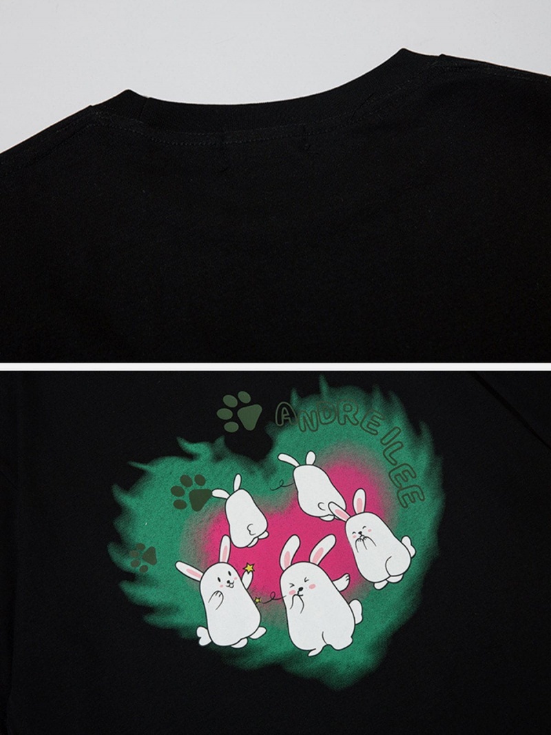 T Shirts Aelfric Eden Rabbit Print Heart Elements Tee Noir | BTO-79176843